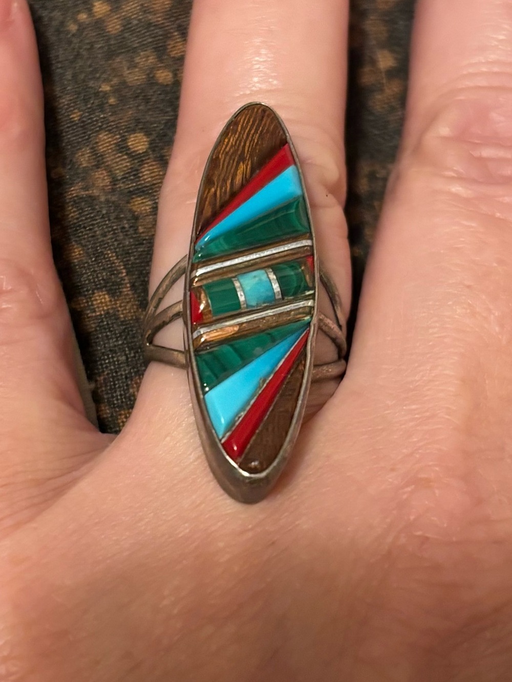 Multicolor Inlay Oval Statement Ring - Turquoise, Red & Brown Accents - Picture 2 of 5